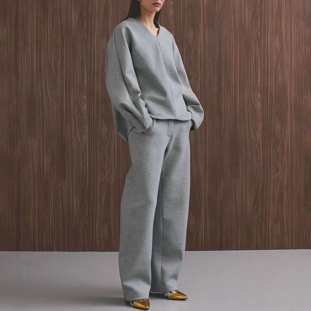 Women's Clothing Women's Loose Fit Retro V-Neck Long Sleeve Pants Set - Thickened Warm Grey Polyester Casual Outfit For Autumn Winter_voghion.com
