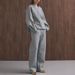 Women's Clothing Women's Loose Fit Retro V-Neck Long Sleeve Pants Set - Thickened Warm Grey Polyester Casual Outfit For Autumn Winter_voghion.com