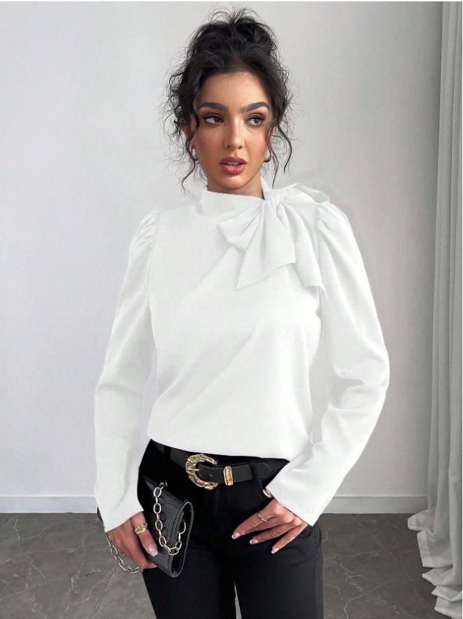 Camicetta da donna a maniche lunghe con dettaglio a fiocco, elegante top tunica dalla vestibilità ampia per autunno/inverno (beige/nero/marrone/bianco/rosso, S/M/L/Xl)_voghion.com