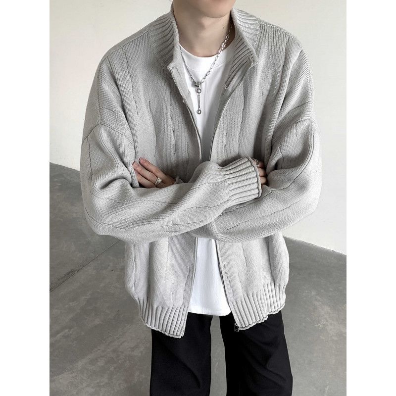 Cardigan sweater for men, autumn and winter new styles, trendy loose knit sweater, zipper sweater for outerwear, solid color jacket_voghion.com