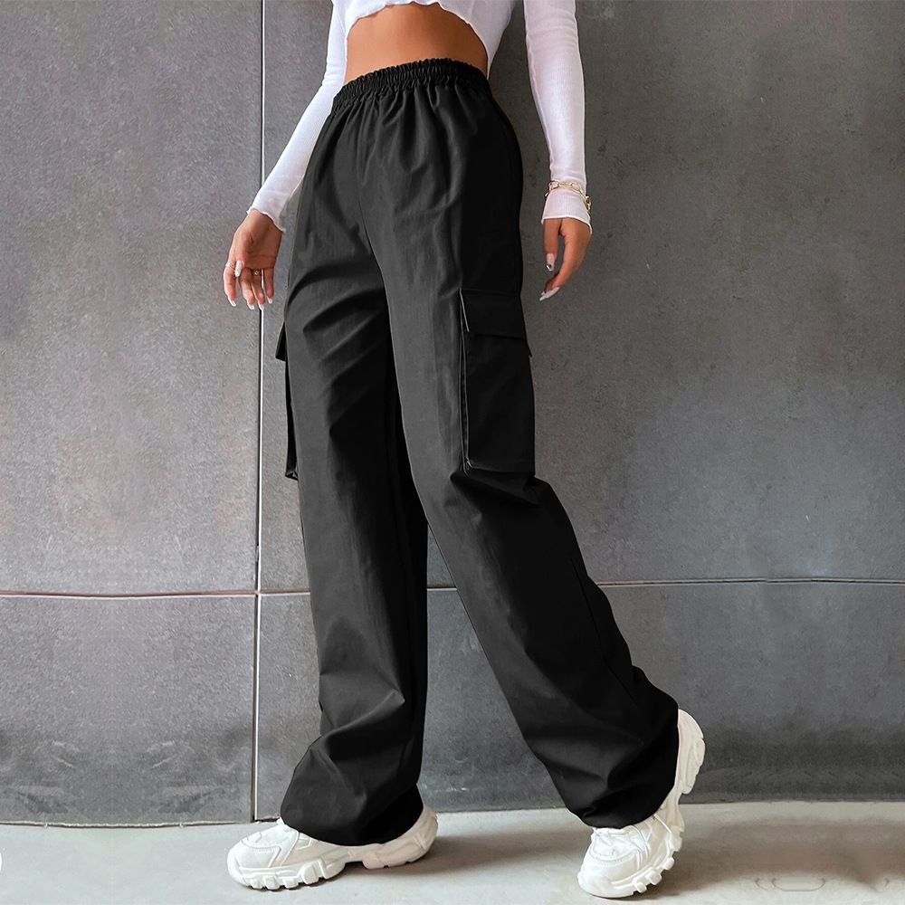 Women's street fashion solid color elastic waist pocket casual cargo pants_voghion.com