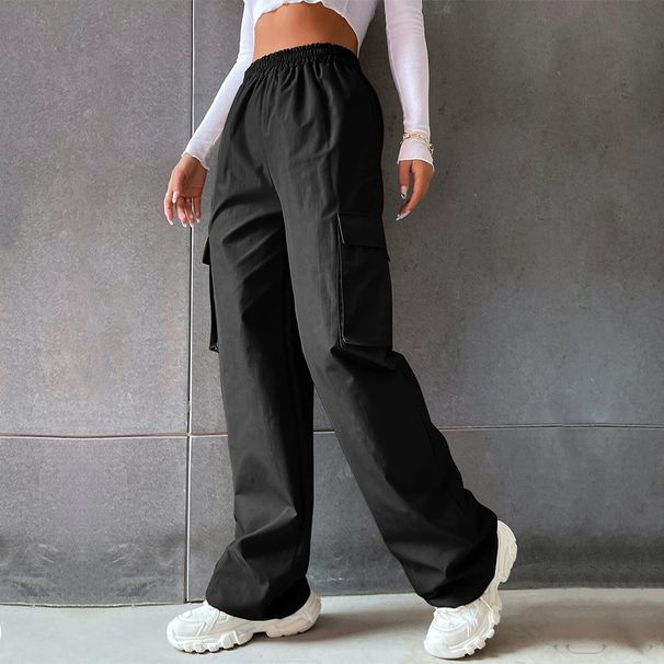 Women's street fashion solid color elastic waist pocket casual cargo pants_voghion.com
