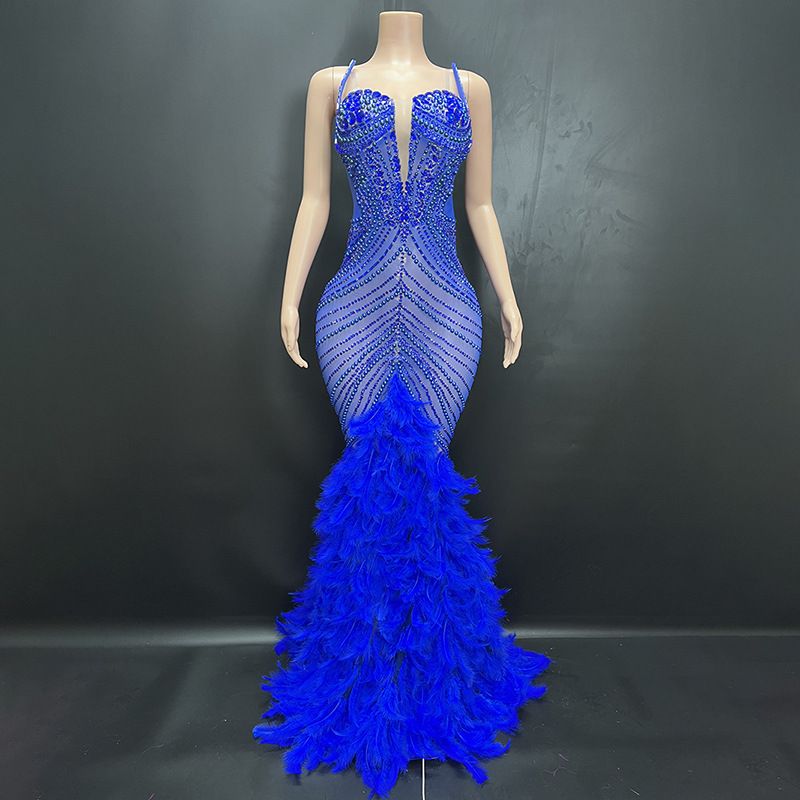 Vestido de mujer con plumas y diamantes de imitación negros, vestido de noche rojo de malla, vestido elegante_voghion.com