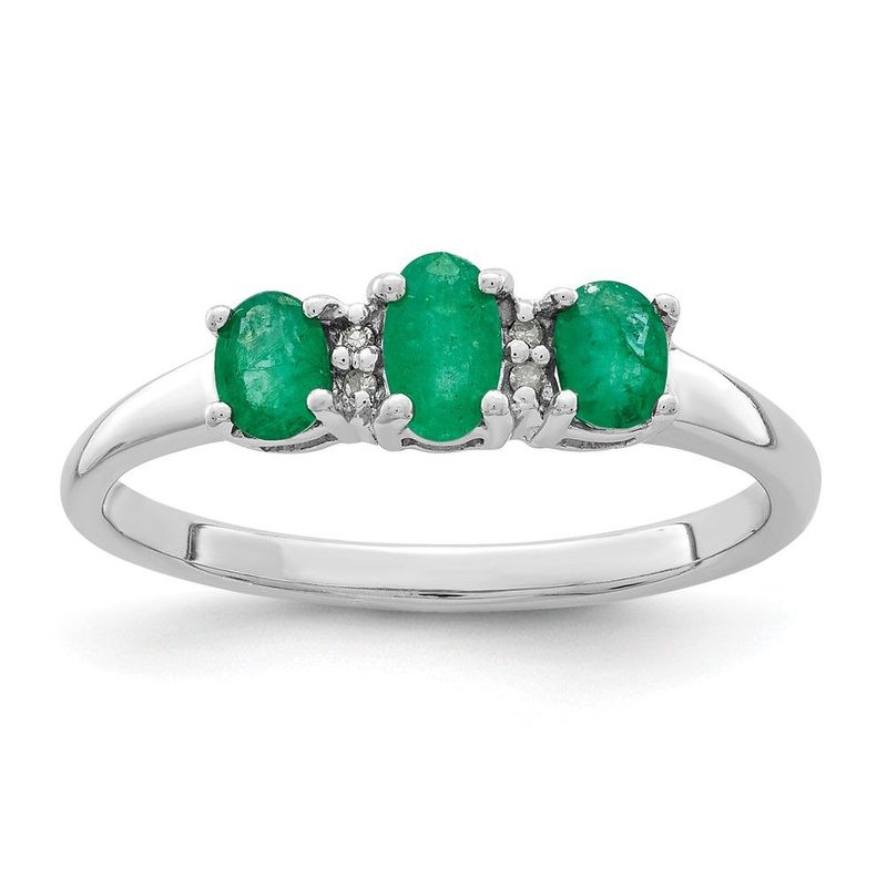 Sterling Silver Rhodium-plated Emerald 3 Stone And Diamond Ring_voghion.com