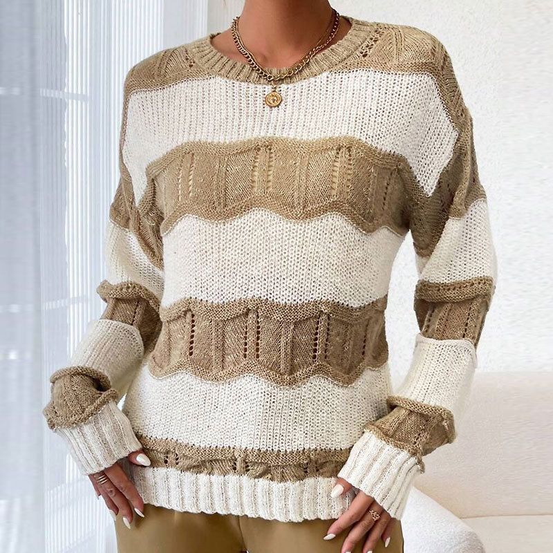 3D-strukturierter Zopfmusterpullover für Damen, lockere Passform, langärmeliger Rundhalspullover – Eleganz für Freizeit und Büro, Grundausstattung für Herbst und Winter_voghion.com