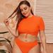 Women's Plus Size High Waist Swim Top - Solid Color Short Sleeve Swimwear, Tummy Control & Full Coverage_voghion.com