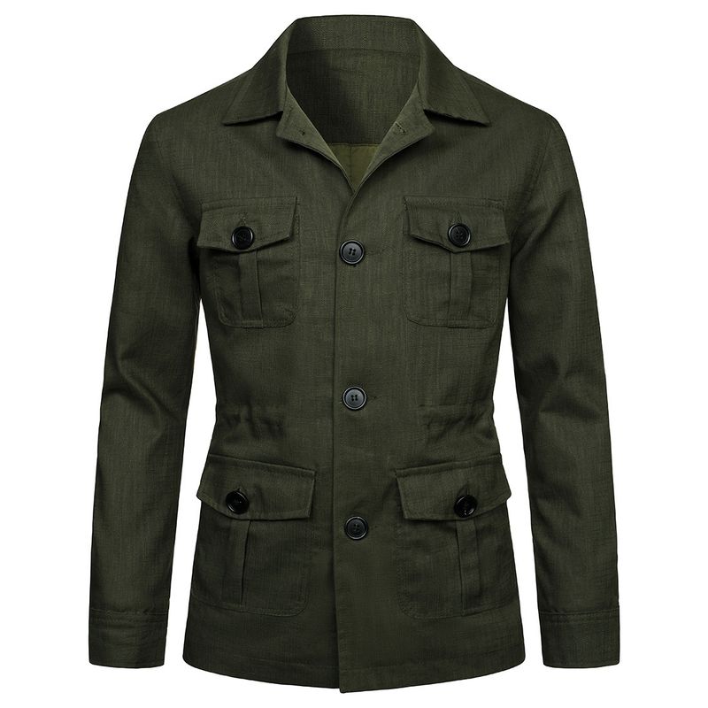 Herrenbekleidung Frühling Neue Stil Revers Multi Pocket Arbeitsjacke Herren Casual Leinen Jagdjacke_voghion.com