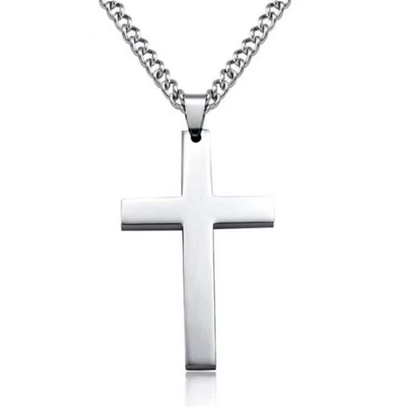 Collana semplice fatta a mano in acciaio al titanio lucido dritto con croce e ciondolo a catena_voghion.com