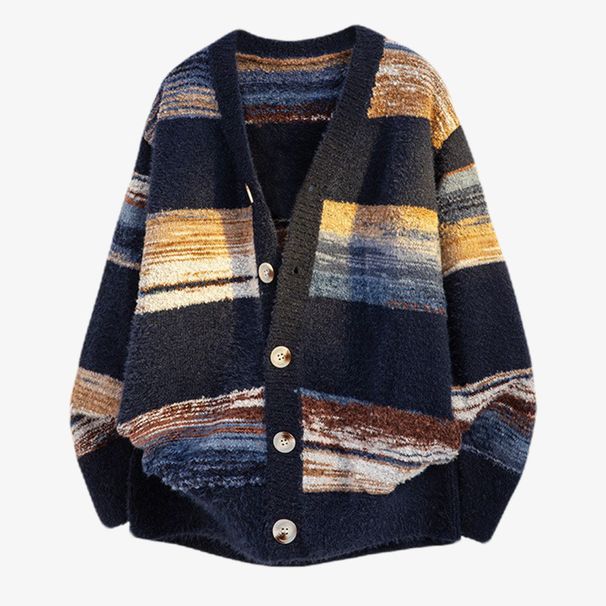 "Plus-Size Gradient Stripe Knit Cardigan For Men – V-Neck Open-Front Sweater_voghion.com