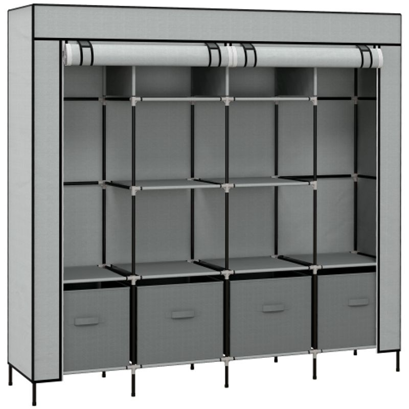 HOMCOM Stoffschrank Kleiderschrank Mit Kleiderstange 10 Fächer 4 Schubladen Garderobe Vlies-Optik Dunkelgrau Für Schlafzimmer & Flur_voghion.com