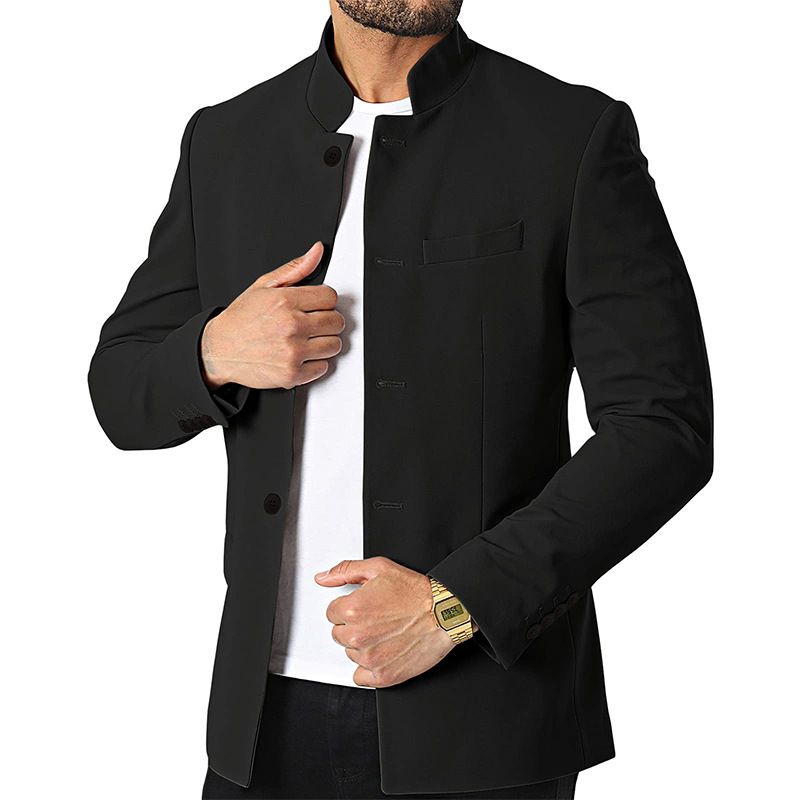 ​​Herren-Slim-Fit-Blazer mit Stehkragen – knitterfreie Business-Casual-Jacke aus Polyester, moderner asiatisch inspirierter Stehkragenanzug fürs Büro_voghion.com