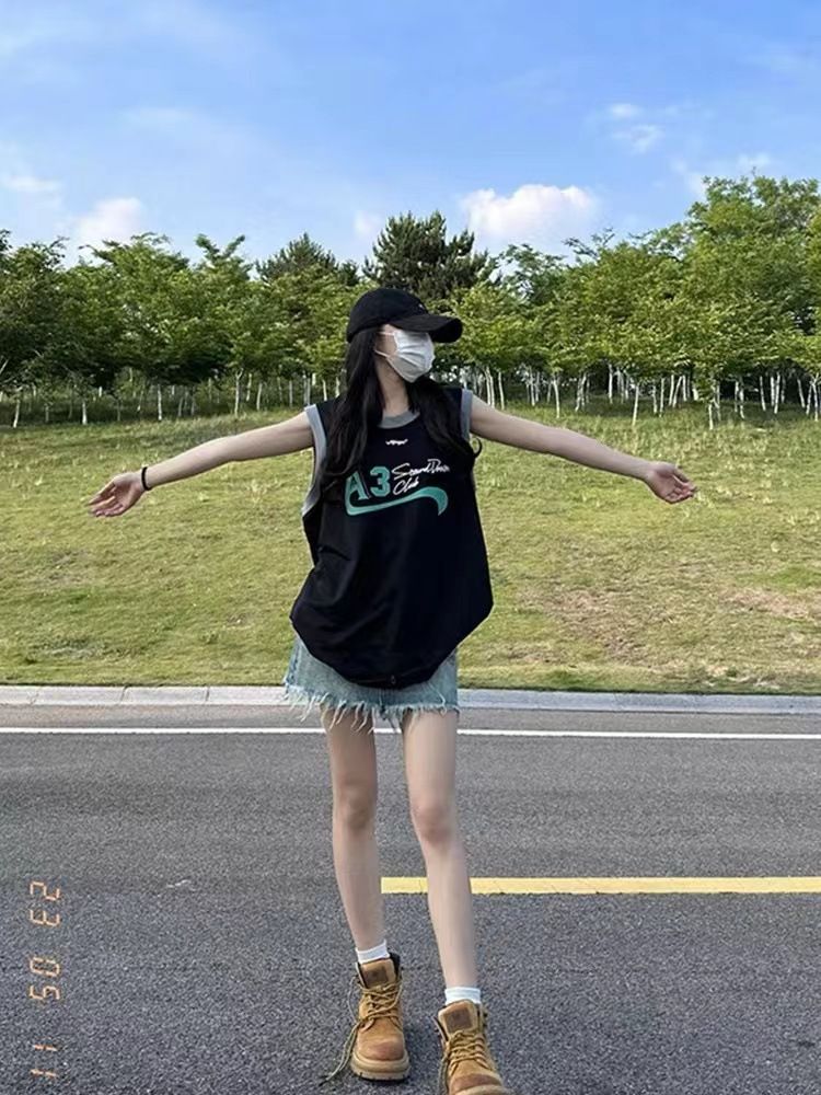 Farblich passendes Tanktop von American Sports für Damen mit lockerem Sommerdesign, vielseitiges ärmelloses Camisole-T-Shirt im Bf-Stil_voghion.com