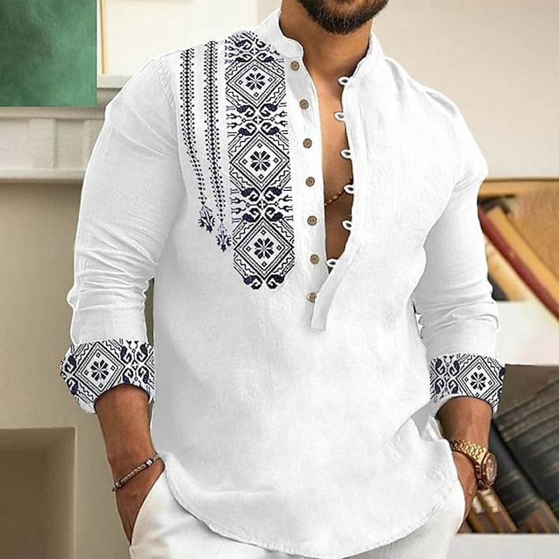 Man's clothing Men's summer solid color long sleeve collar trend cardigan casual printed shirt for men_voghion.com