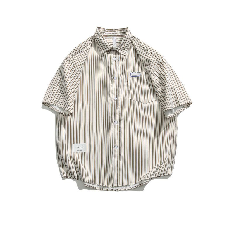 Camicia a maniche corte semplice, camicia a maniche corte estiva da strada, tendenza casual versatile in stile college_voghion.com