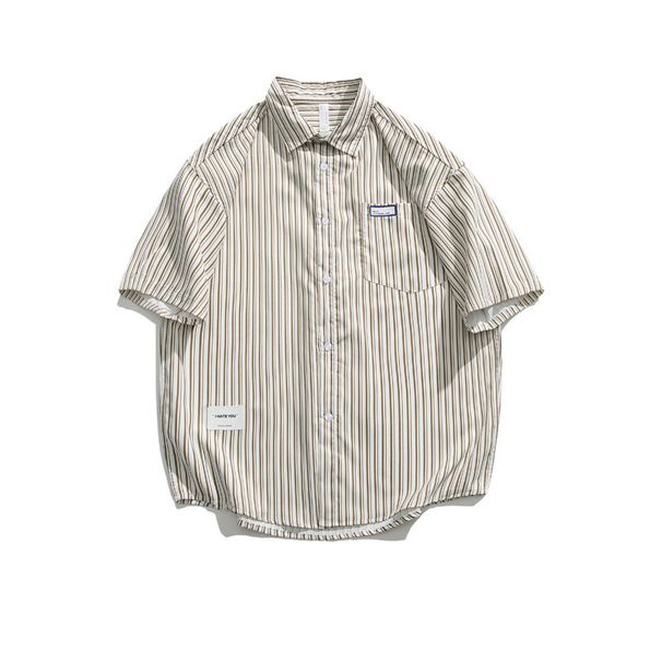 Camicia a maniche corte semplice, camicia a maniche corte estiva da strada, tendenza casual versatile in stile college_voghion.com