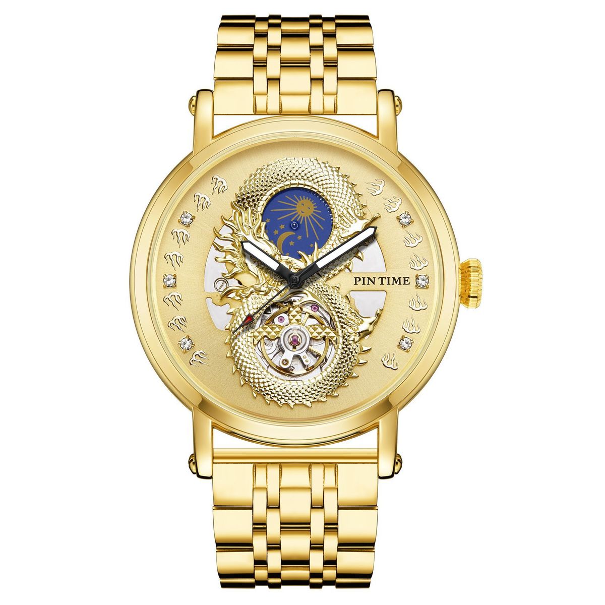 Pin Shi Watch Men's Mechanical Watch Fully Automatic Movement Relief Golden Dragon Dominance Hard Core Men's Watch Stainless Steel Watch Men's_voghion.com