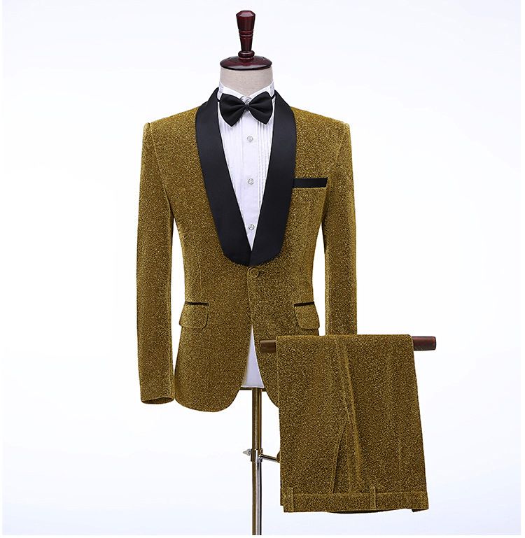 Completo da uomo in seta lucida colorata con colletto di frutta verde per cantante, esibizione sul palco, studio fotografico, bar, DJ, formale_voghion.com