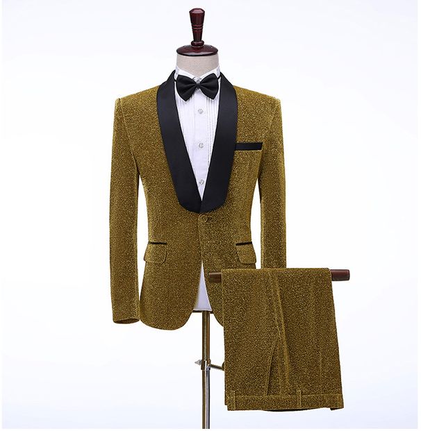 Completo da uomo in seta lucida colorata con colletto di frutta verde per cantante, esibizione sul palco, studio fotografico, bar, DJ, formale_voghion.com