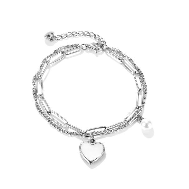 Pulsera de acero inoxidable con perla y corazón de melocotón versátil con personalidad de doble capa y temperamento frío para mujer._voghion.com