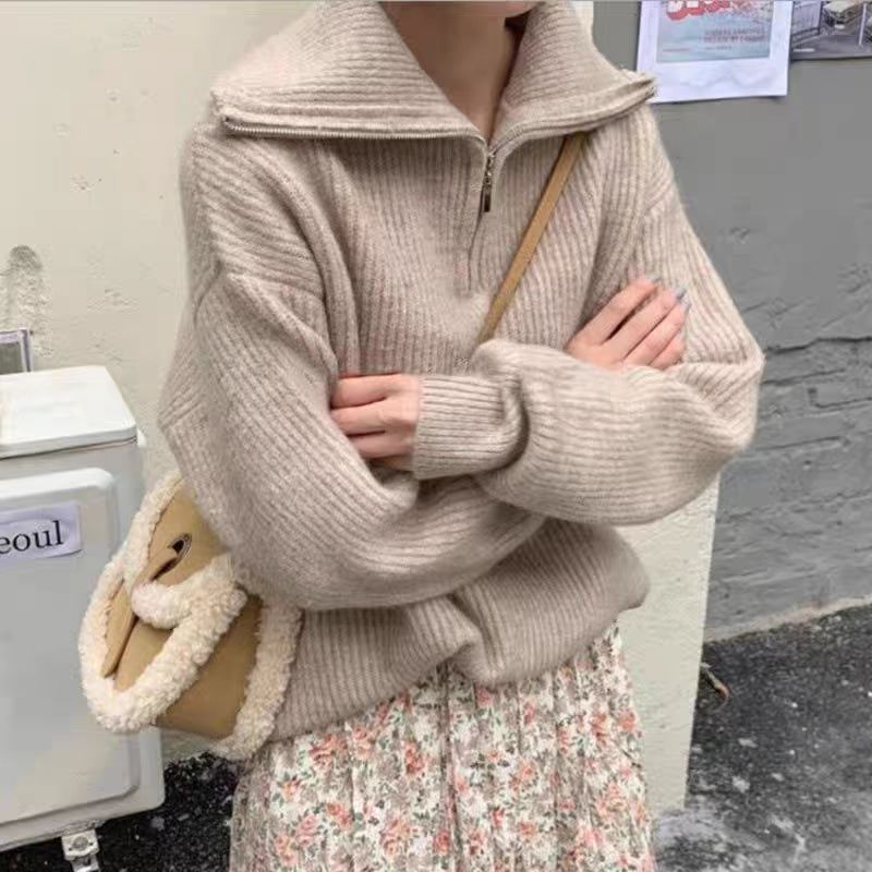Maglione da donna in maglia con cerniera - Pullover comodo e ampio con colletto polo e maniche lunghe, design casual a righe/quadri_voghion.com