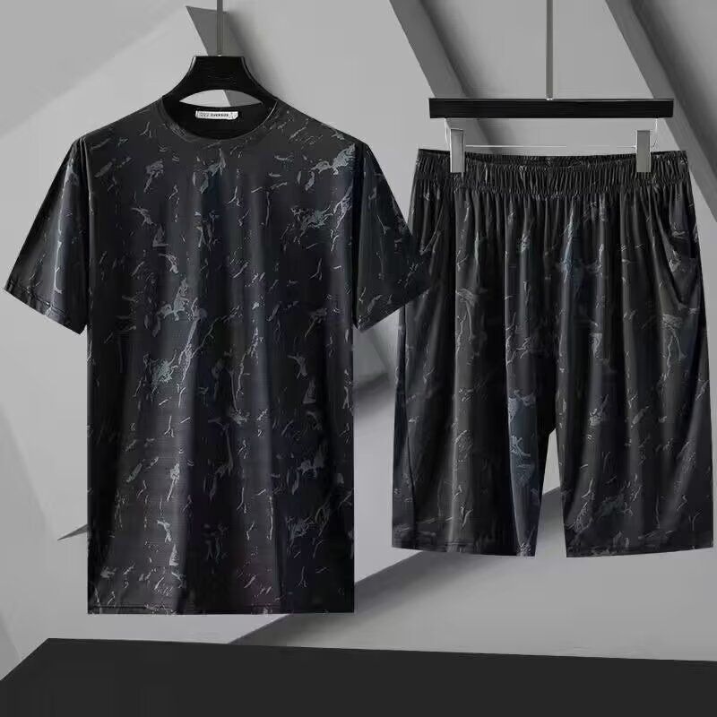 Large Size Ice Silk Suit Men Fat Casual Short Sleeved Shorts Suit Plus Size Plus Size Men's Summer Sports Two Piece Suit_voghion.com