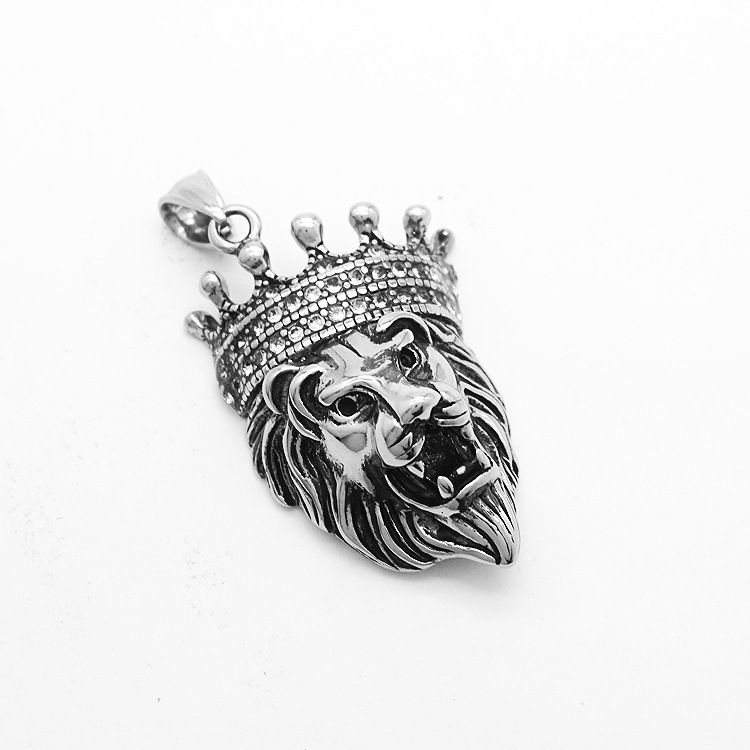 Collana da uomo in acciaio al titanio con ciondolo a forma di corona intarsiata, punk hip-hop, testa di leone animale_voghion.com