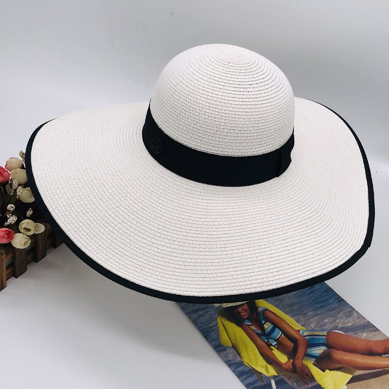 women's spring and summer black and white splicing big-brimmed hat dome straw hat women's summer sun protection beach hat_voghion.com