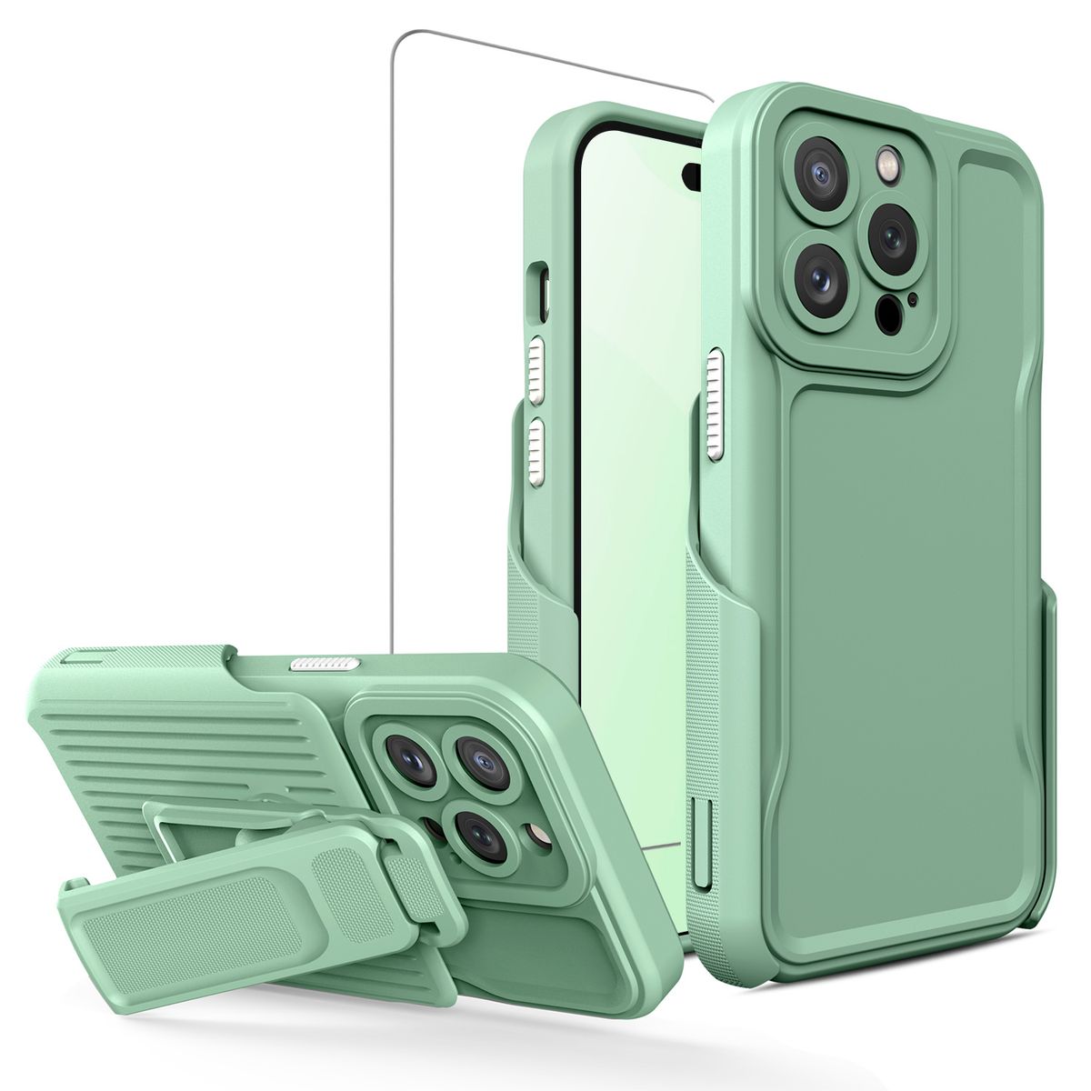 For 14 / 14 Plus / 14 Pro / 14 Pro Max Case, with Belt Clip Holster and Tempered Glass, Heavy Duty Drop Protection Hard Phone Case_voghion.com
