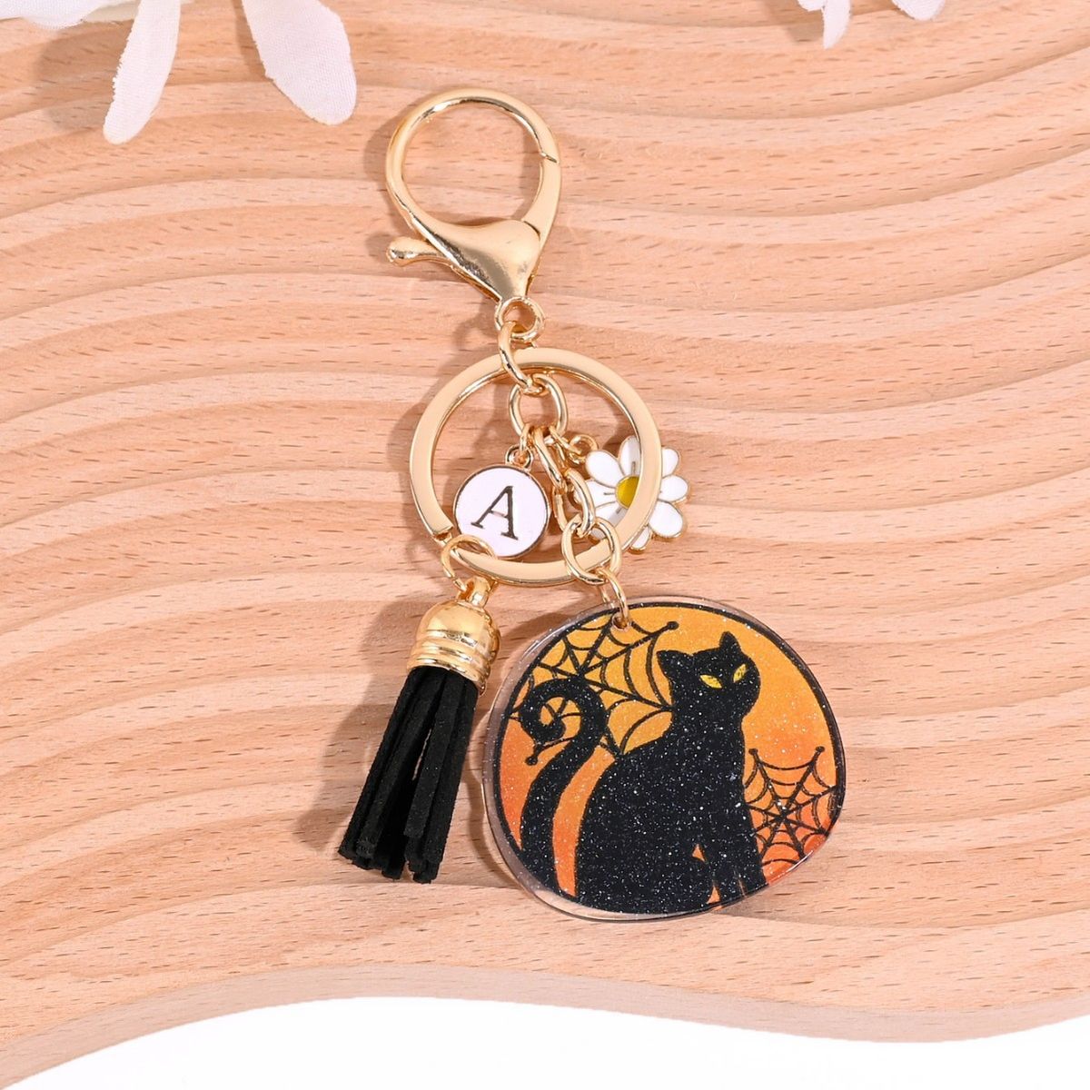 Black Cat Spider Web Print Keychain Halloween Bag Flower Letter Pendant_voghion.com