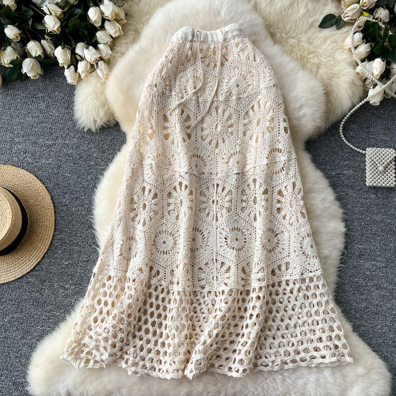 Women's Clothing Holiday Outfit For Women Heavy Hollow Crochet Knitted Drawstring Waist Versatile Swing Skirt_voghion.com