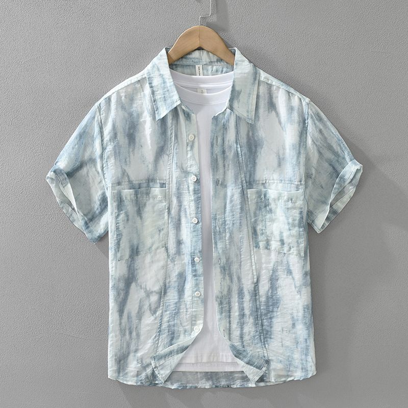 Camicia a maniche corte tie-dye fresh da uomo, alla moda e versatile, top casual e ampio._voghion.com