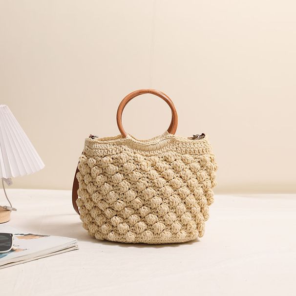 Stråtaske Vævet Taske Fritids Træ Håndholdt Stråtaske Ny Stil Niche Bean Crossbody Vævet Taske Strand Ferie Strandtaske Enkelt Skulder Stråtaske_voghion.com