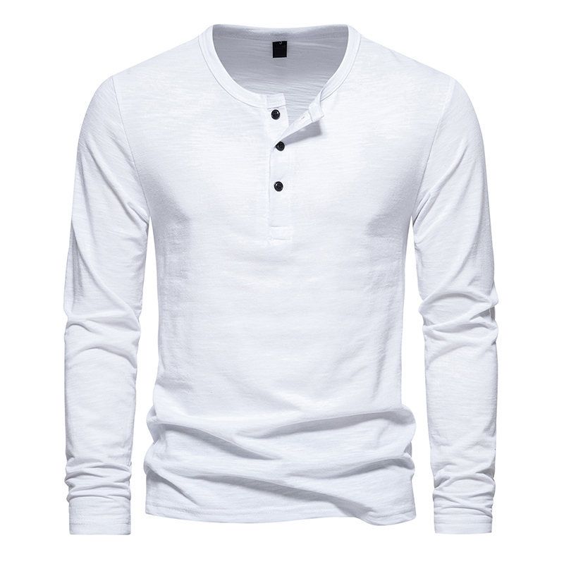 Autumn and Winter New Solid Color Bottom Three Button Henry Neck Men's Long sleeved T-shirt Top_voghion.com