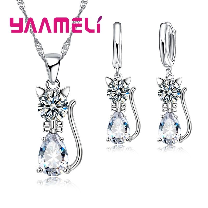 Set di gioielli in vero argento sterling per donna e ragazza, ciondolo con ciondolo a forma di gatto in cristallo austriaco, orecchini a cerchio_voghion.com