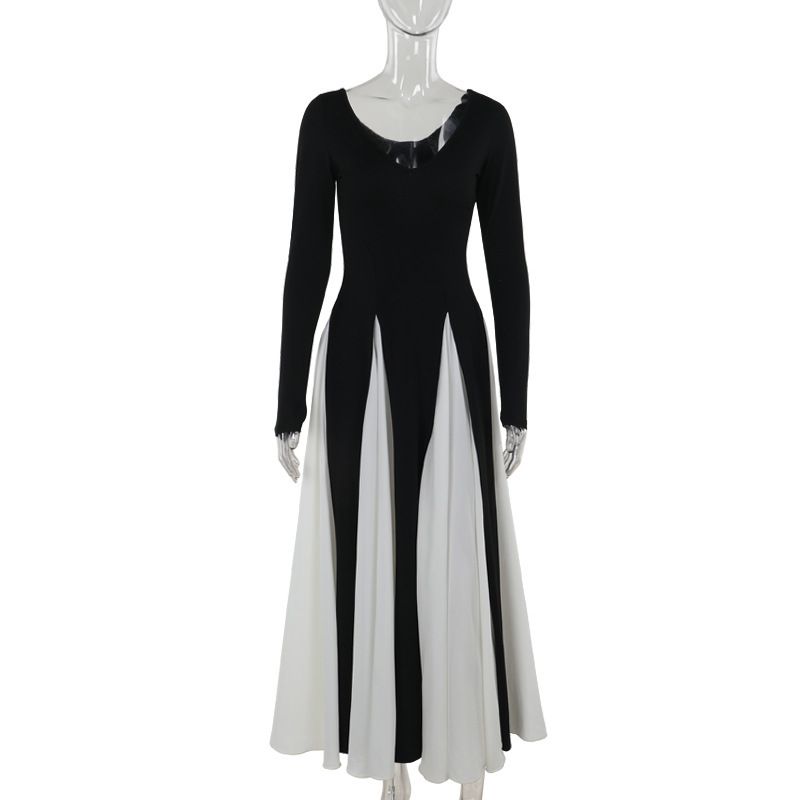Frauen Kleidung kontrast farbe temperament langarm kleid weibliche herbst neue mode trendy spleißen lange kleid_voghion.com