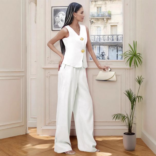 Lässiges Damen-Set mit Knopfweste und langer Hose, zweiteilig – bequeme Polyester- und Spandex-Mischung, stilvolles, einfarbiges, passendes Outfit (M, L, XL)_voghion.com