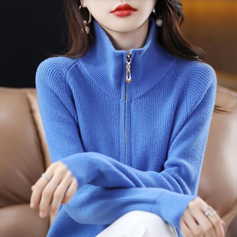 【 Cashmere Family 】 Polo collar half zip short hoodie, loose wool base sweater, women's knitted inner layer_voghion.com
