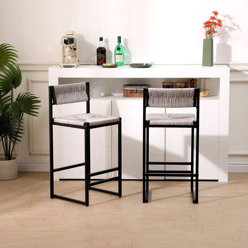 Gray Set Of 2 Hand Weave Bar Stools With Back Counter Height Bar Chairs Paper Rope Woven Dining Stool For Kitchen, Home &amp; Office (Gray)_voghion.com