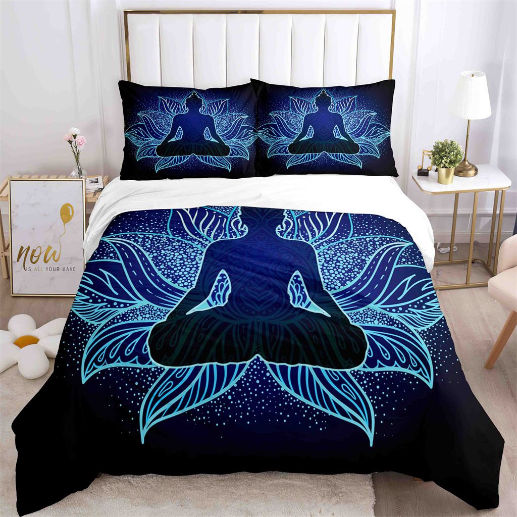 Juego de edredón de tres piezas con estampado digital 3D de flores azules de primera calidad_voghion.com