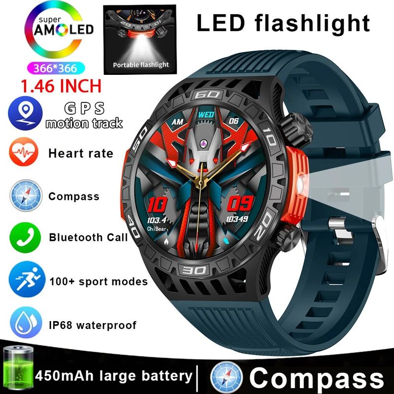 Outdoor Military Smart Watch Men's With LED lighting Bluetooth Call Smartwatch 3ATM IP68 Waterproof Compass Sports Fitne_voghion.com