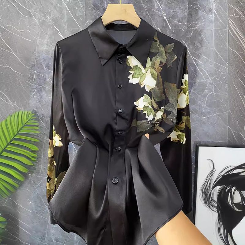 Camisa de manga larga de seda morera con estampado negro estilo chino retro_voghion.com
