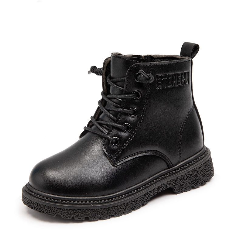 Children's Shoes Boys Boots Plus Velvet Leather Surface Warm British Style Low Top Leather Boots Winter Girls Side Zipper Soft Sole Shoes_voghion.com