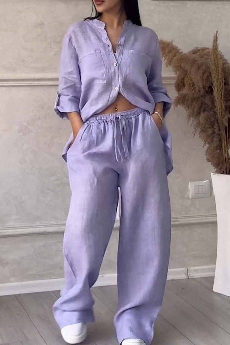 Set di pantaloni a gamba larga con coulisse e camicia casual in cotone e lino tinta unita_voghion.com
