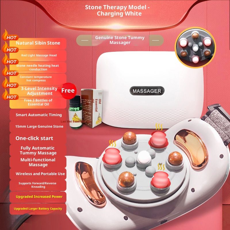 Cintura massaggiante addominale ricaricabile con doppio disco Bian Stone e riscaldamento per moxibustione - Pietre Bian grandi da 35 mm_voghion.com