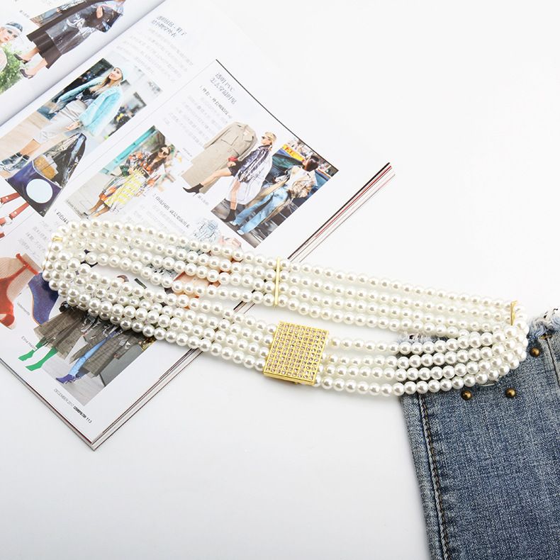 Simple Style Firkantet Oval Flower Plastic Beaded Inlay Rhinestones Dame Kædebælter 1 stk._voghion.com