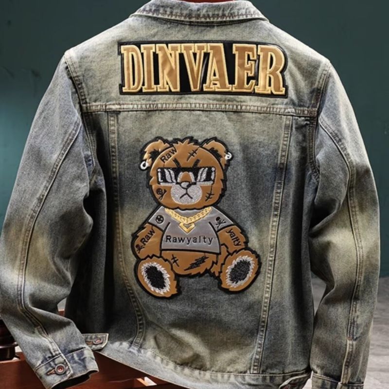 Men's Clothing high end light colored motorcycle denim jacket men's fashion brand old retro heavy duty bear jacket embroidered gown trend_voghion.com