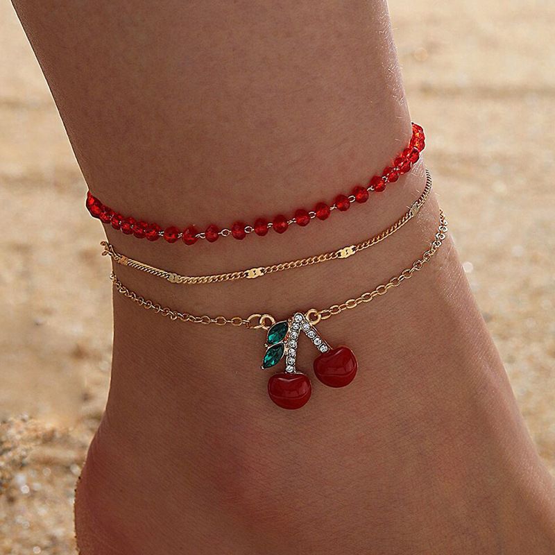 Red Beaded Multi-layer With Rhinestones Cherry Anklet Three-piece Set_voghion.com