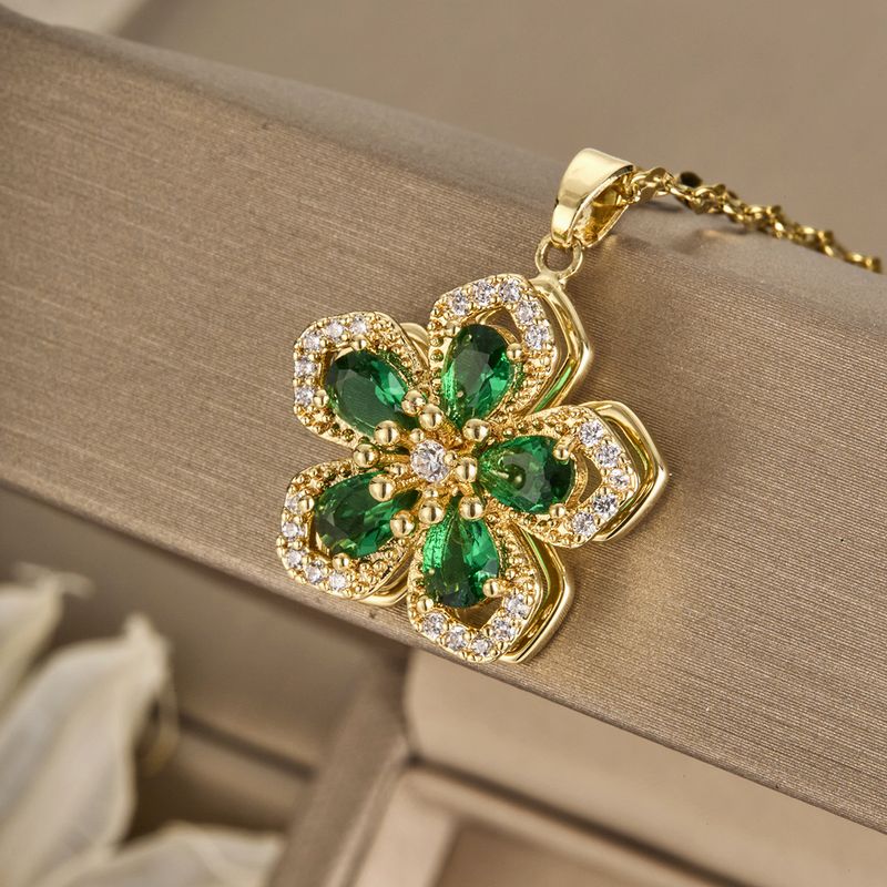 Kupferplattierte Goldkette für Damen, Zirkonia, Blütenblatt, drehbarer Anhänger, Titanstahlkette_voghion.com
