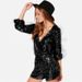 K Women's Deep V Waist-cinching Long-sleeved Sequin Jumpsuit_voghion.com