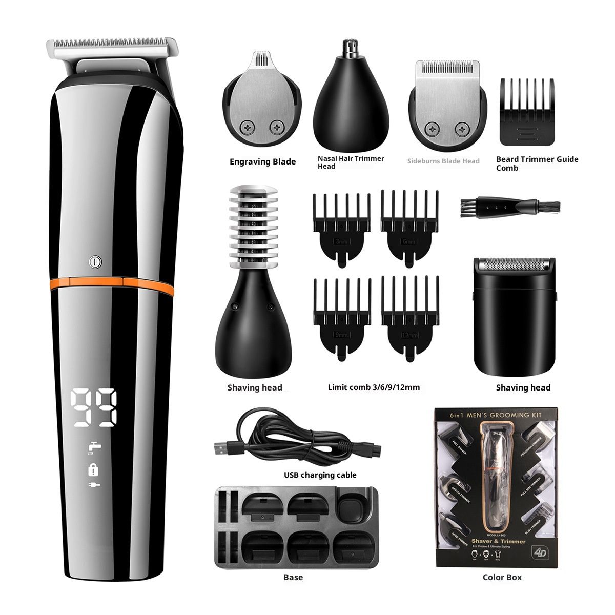 Kit per la cura della persona 6 in 1: tagliacapelli, rifinitore per naso, rasoio per barba, ricaricabile tramite USB e impermeabile per un lavaggio completo del corpo (nero/argento)_voghion.com